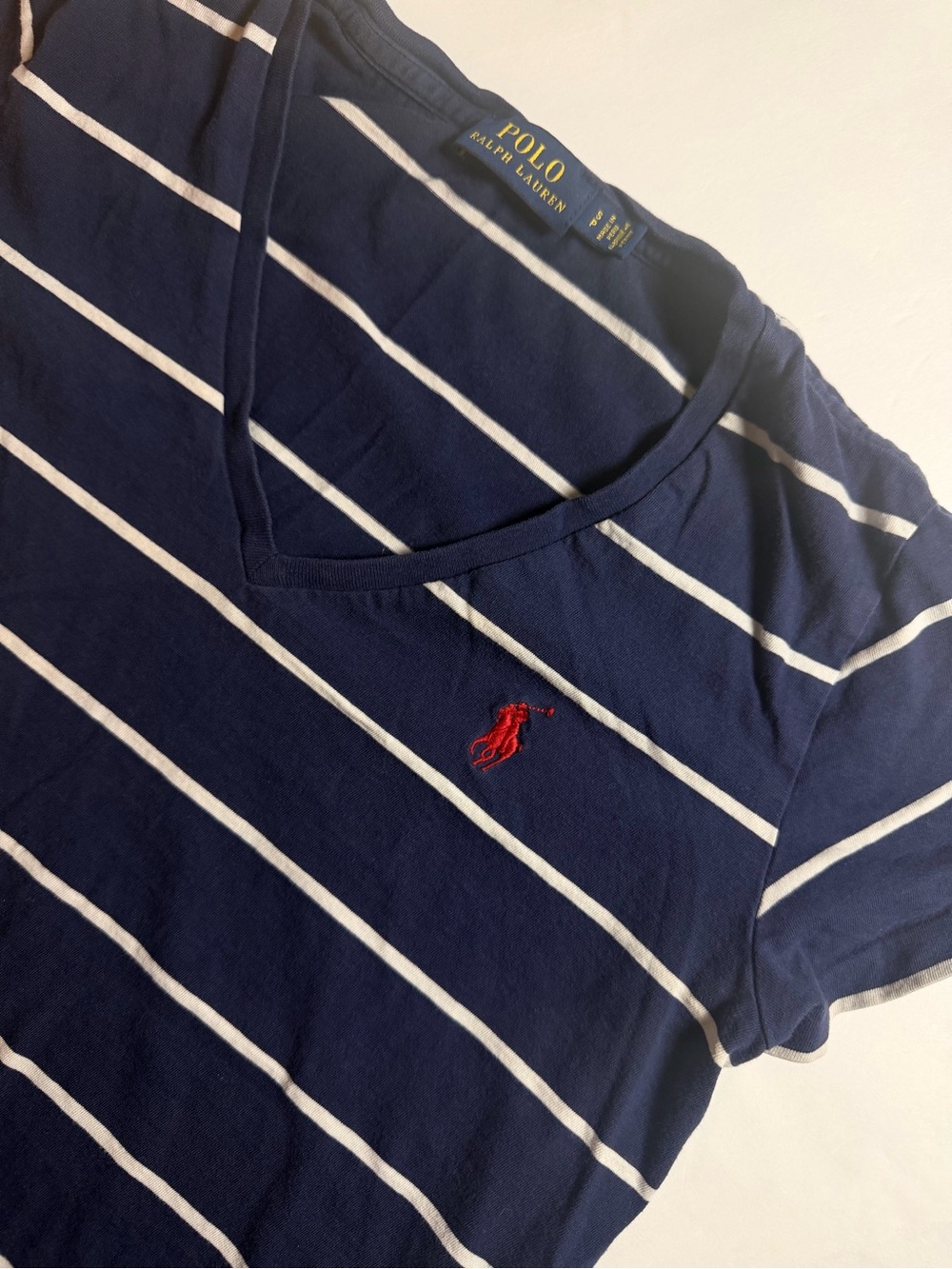 Polo Ralph Lauren Womens Striped V-Neck T-Shirt Small Blue White Cotton